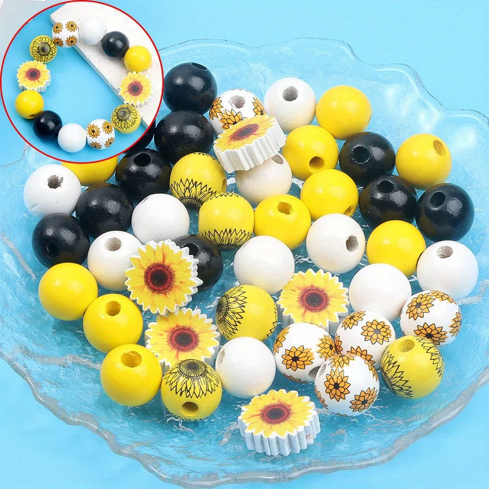 9/18/36pcs Yellow Black and White Sunflower and Daisy Shapes Wooden Beads,can DIY Bracelet,keychain,gift Decoration Accessories