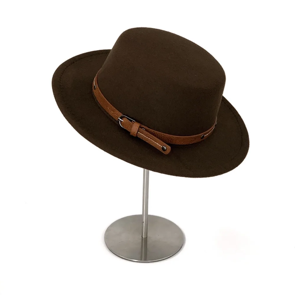 

All-match Elegant Woolen Flat Top Hat Belt Buckle Wide Brim Felt Hat Solid Color British Style Women Jazz Hat Outdoor Activities