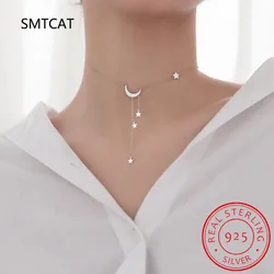 Real 925 Sterling Silver Sweet INS Star Moon Tassel Pendant Clavicle Choker Necklace For Women S925 Jewelry DA1743