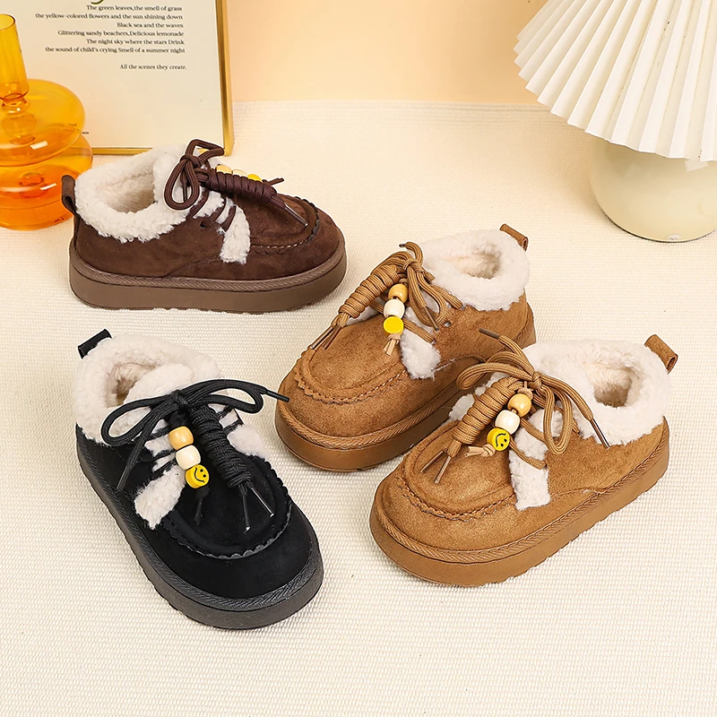 2025 Kids Snow Boots Comfort Platform Fluffy Fur Kids Boots Winter Thick Bottom Furry Ankle Boots Lace Up Casual Kids Shoes