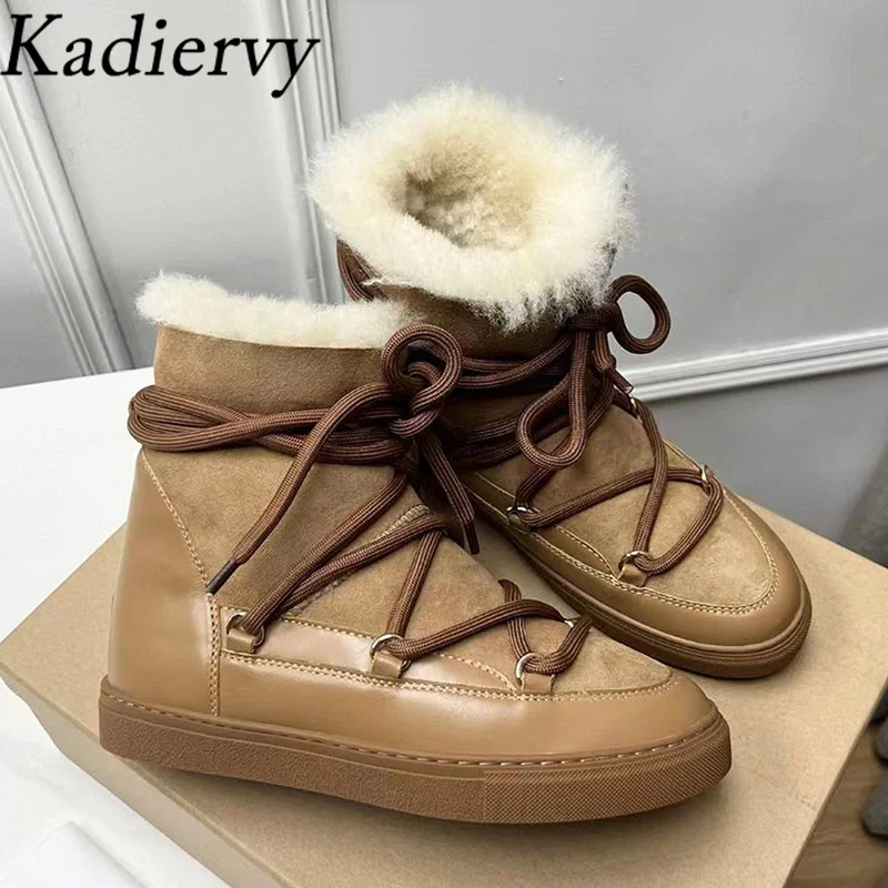 Winter Snow Boots Woman Round Toe Lace Up Short Boots Wool Warm Flat Shoes Women Cow Suede Patchwork Ankle Boots Women