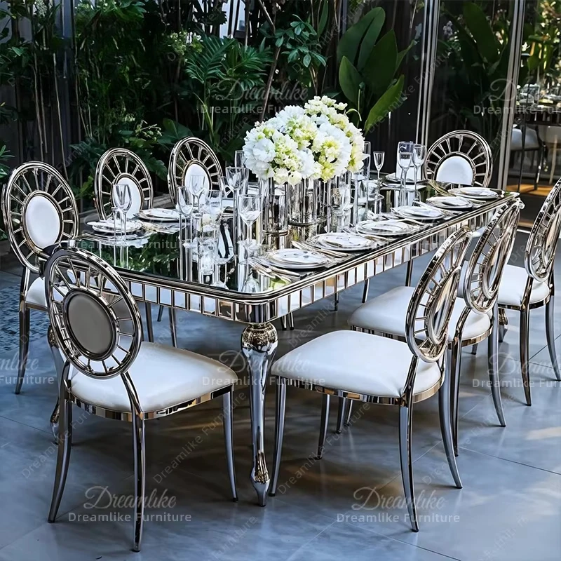 

Wedding Dining Table Stainless Steel Frame Glass Desktop Hotel Event Dining Table Wedding Furniture Dining Table Set