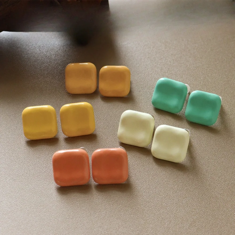 Dopamine Square Stud Earrings for Women, Enamel Craft Solid Color Minimalist Versatile Daily Wear Ear Jewelry
