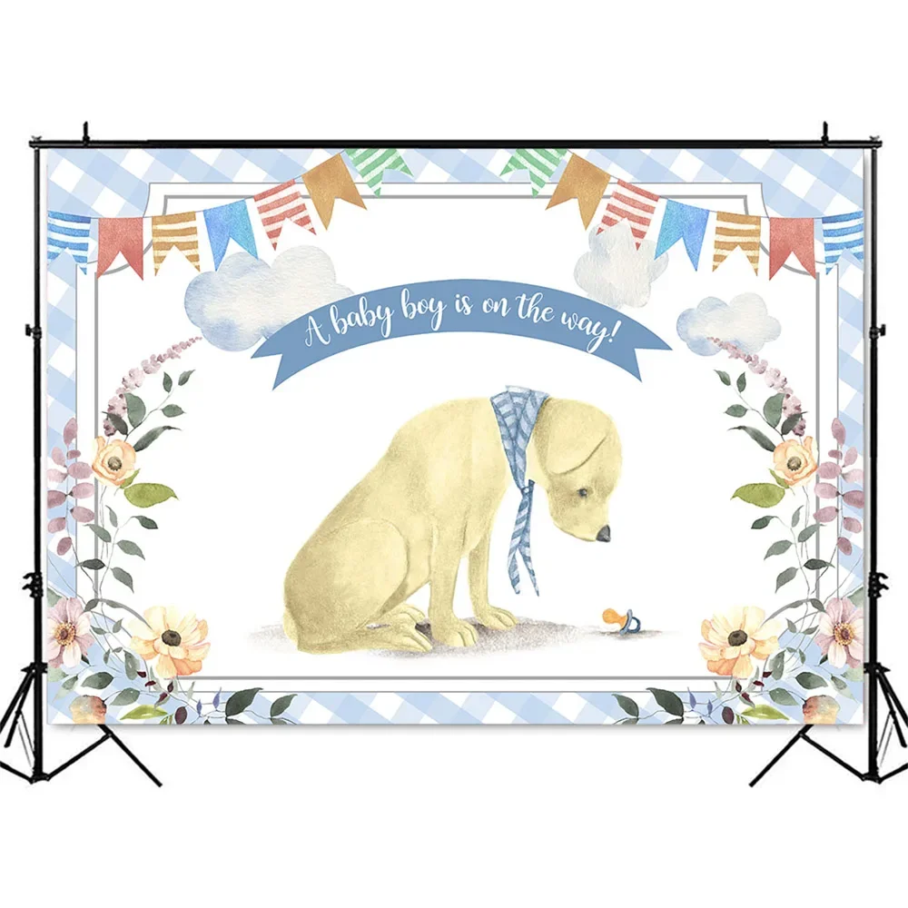 Labrador Baby Shower Backdrop A Baby Boy is on the Way Retriever Dog Photo Background Newborn Children Kids Photo Booth Backdrop