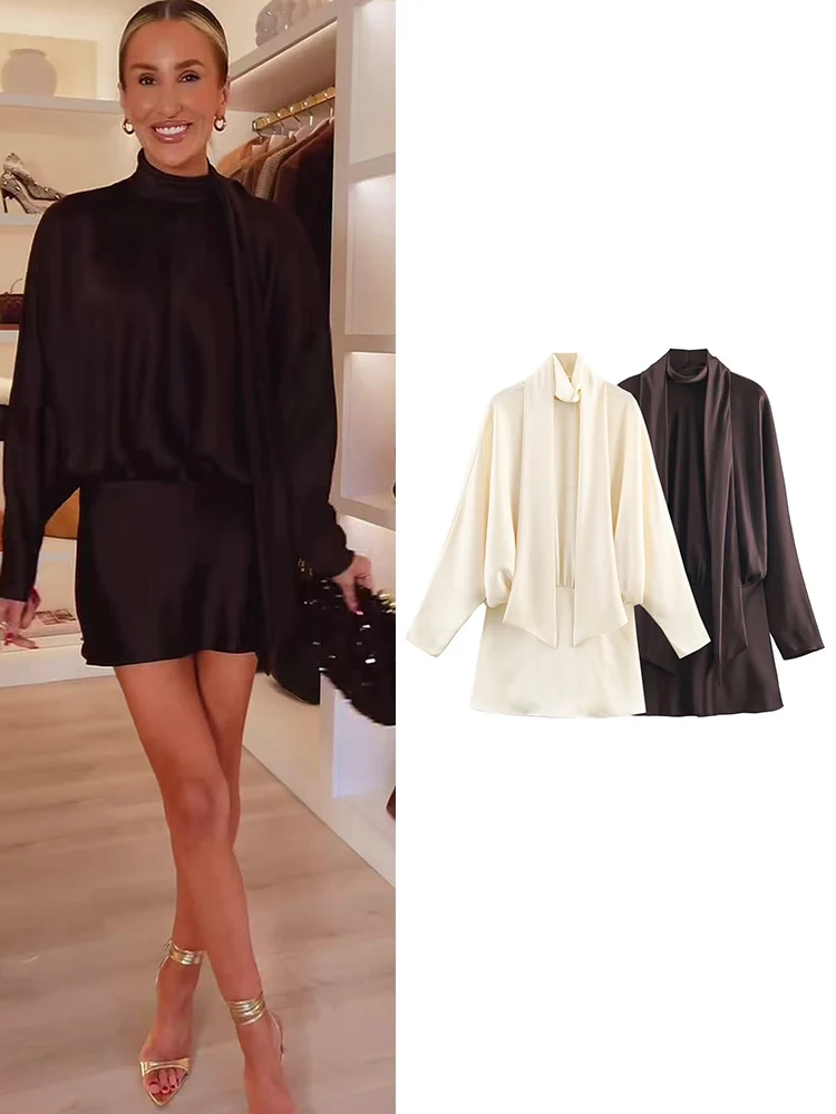 TFMLN – Mini robe en Satin pour femmes, écharpe décorée, élégante, chauve-souris, manches longues, légère, luxe, taille haute, Slim, robe de soirée, mode, nouveau