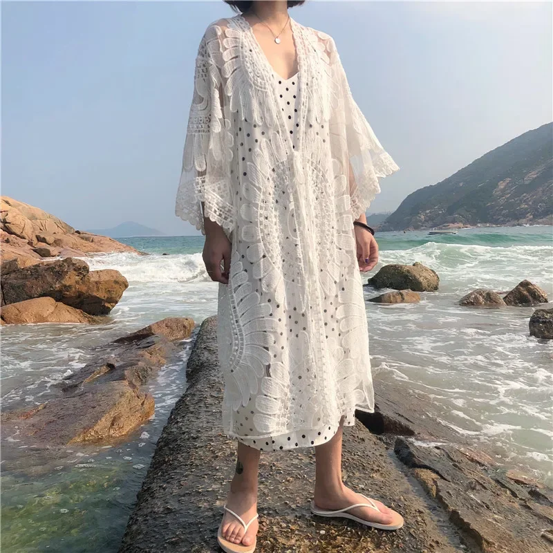 

Women Kimono Shirts Sun Protection Clothing Summer New Fashion Seaside Vacation Lace Cardigan Boho Long Holiday Beach Cover Top