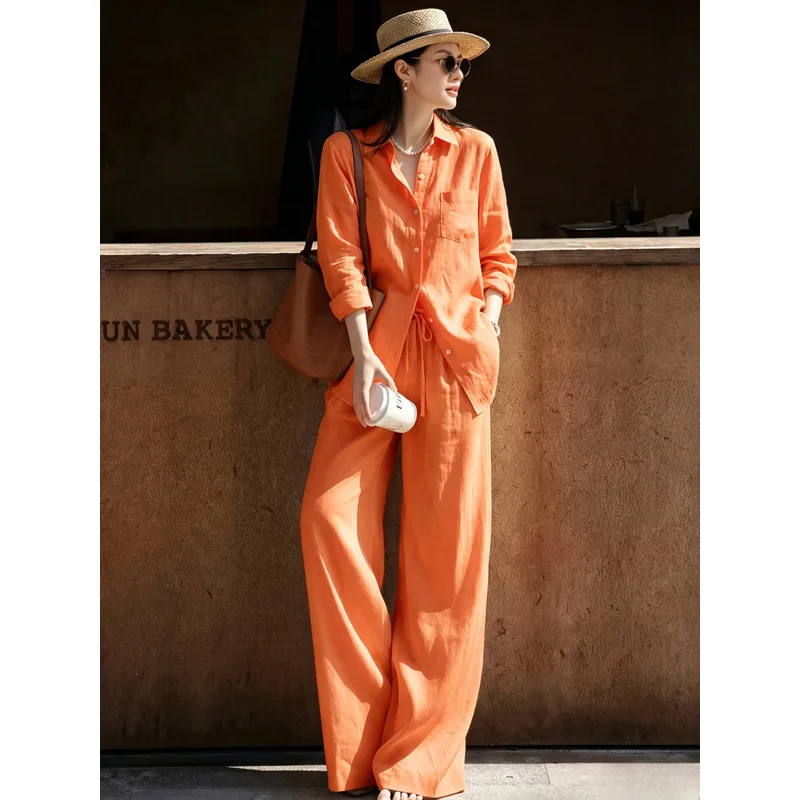 Cotton and Linen High-end Women's Set Spring and Summer Retro Sunscreen Linen Shirt Casual Pants Two-piece Set