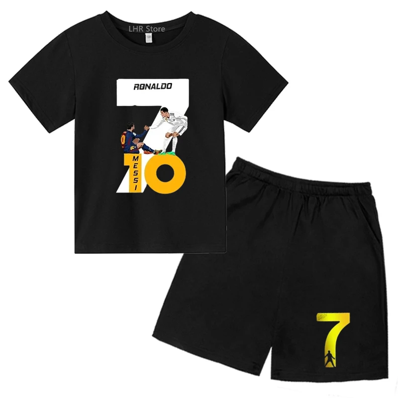 T-shirt de manga curta e shorts para meninos e meninas, gola redonda, lazer, futebol, adequado para crianças de 3 a 12 anos de idade