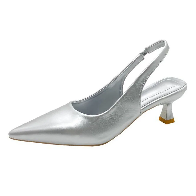 Street Women Sandals Sexy Pointed Toe Elastic Slingback Women Pumps Sandals Middle Heels Fashion Female Shoes Size 35-41 WSH5080