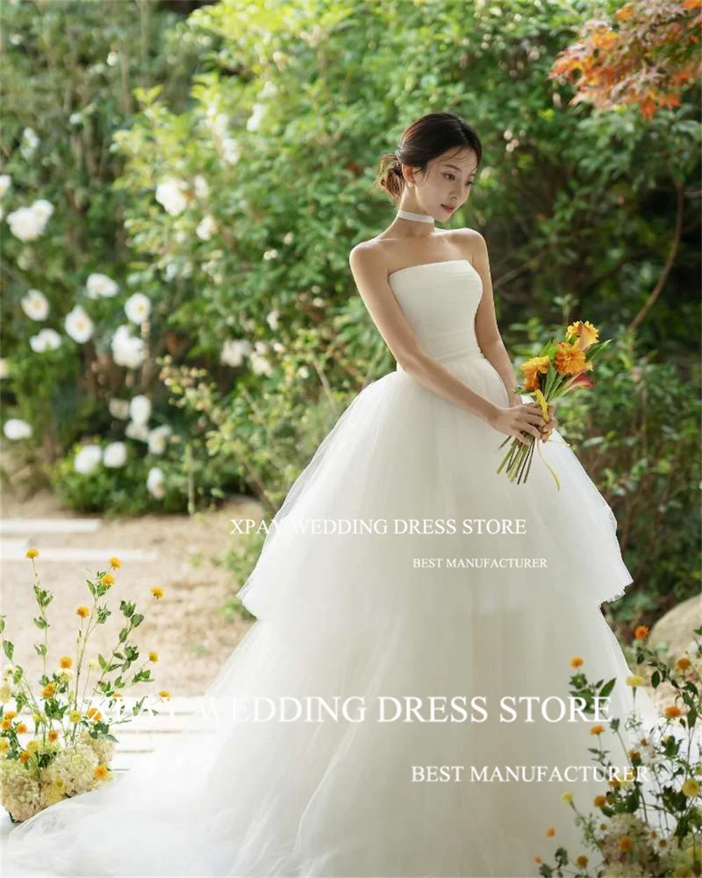 XPAY Strapless Korea A Line Wedding Dresses Tiered Tulle Bride Gowns Open Back Sleeveless Photography Customised Bridal Dress