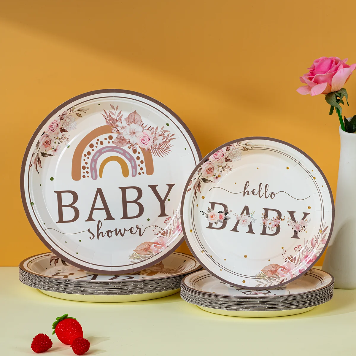 Boho Rainbow Baby Shower Disposable Paper Plates Floral for Gender Neutral Party Supplies