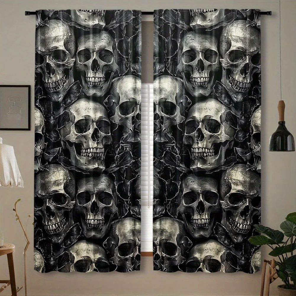 Gothic Skull Print Blackout Curtains for Bedroom Living Room Haunted House Style Window Dressing
