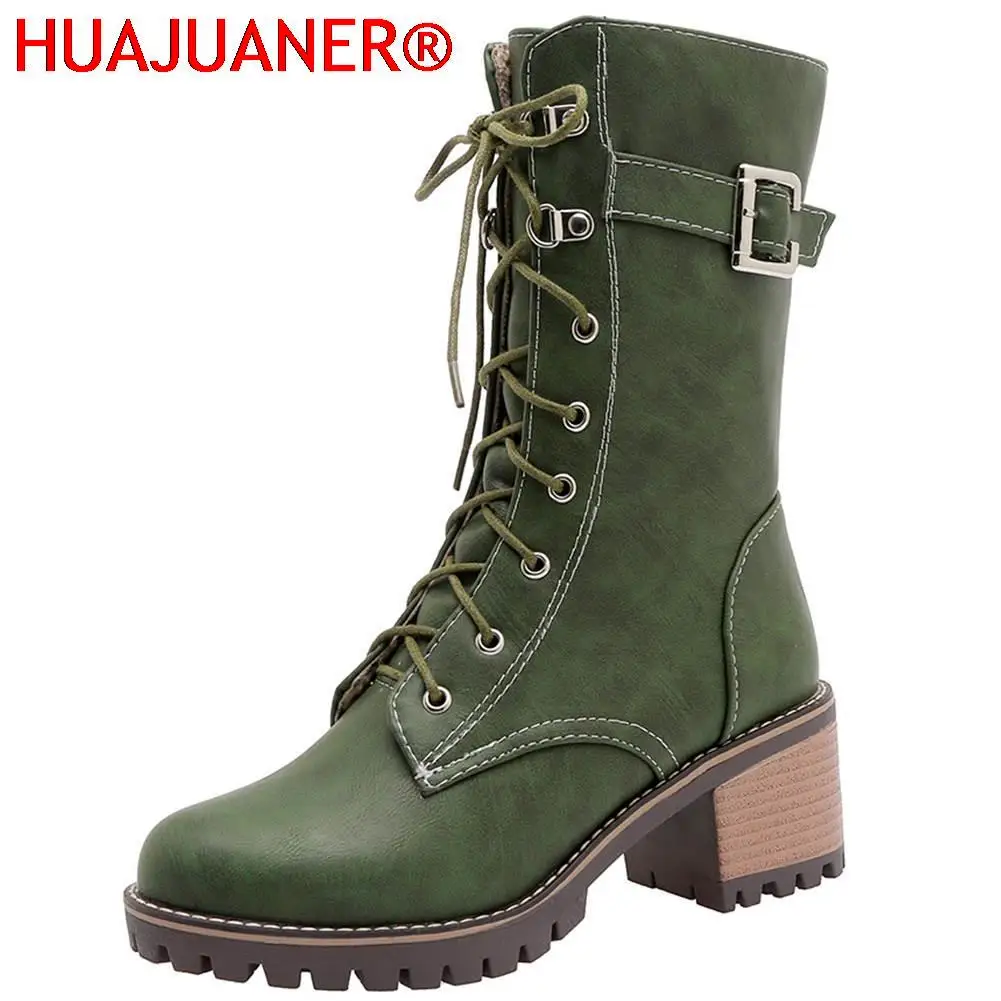 HUAJUANER 2026 Big Size 45 Autumn Winter Shoes High Quality Leather Boots Women Fashion non-slip Shoelaces Motorcycles Boots