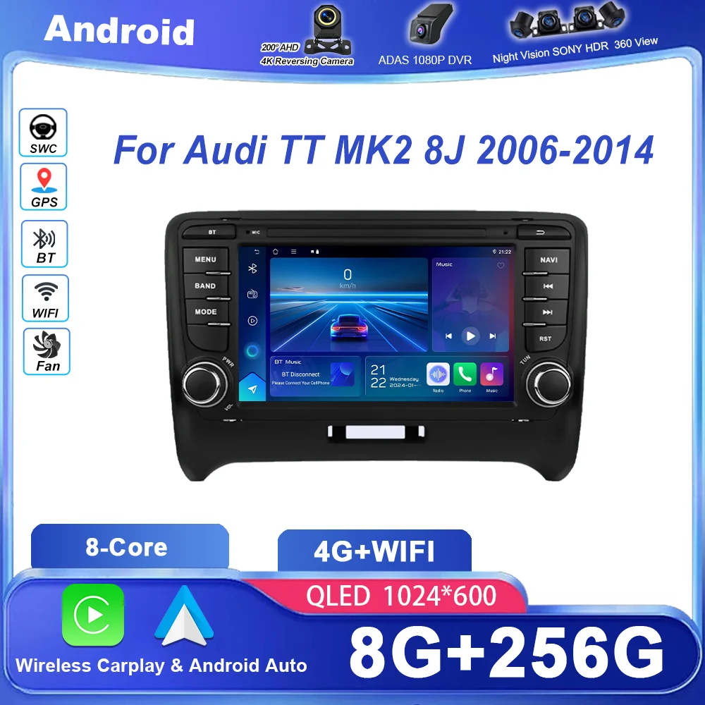 

Автомобильный радиоприемник Android 14, стерео для Audi TT MK2 8J 2006-2014, авто GPS-навигация, мультимедийный видеоплеер, Cireless Carplay 2DIN WIFI