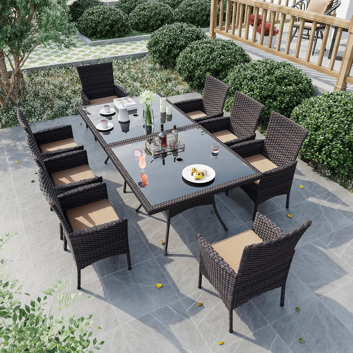 10-Piece Rattan Outdoor Dining Set All-Weather Patio Furniture Umbrella Hole Glass Table Removable Cushions Deck, Customized