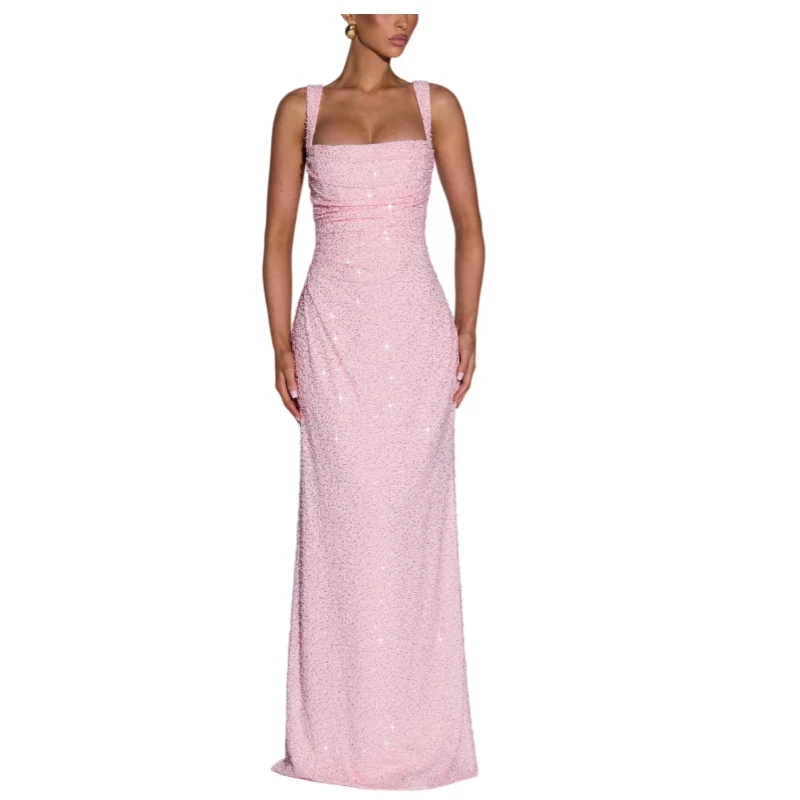 Babyroze pailletten sprankelende sexy maxi-jurk met vierkante hals en vetersluiting, geplooide slim-fit jurk, afstudeergala, elegante feestjurken - afbeelding 2