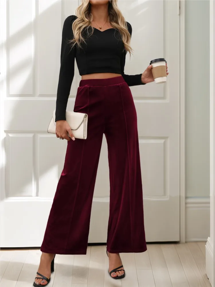 Women's Clothing Casual Retro Solid Color Wide Leg Pants All-match Loose Simple Style Comfortable Temperament Fashion Keep Warm
