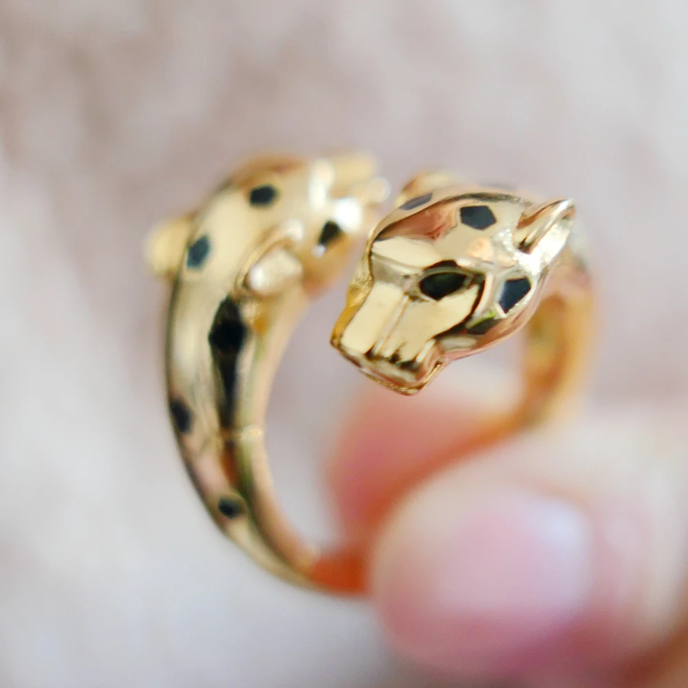 

Black Spots Double Panther Leopard Open Rings Gold Plated Luxury Designer Copper Jewelry for Men or Women