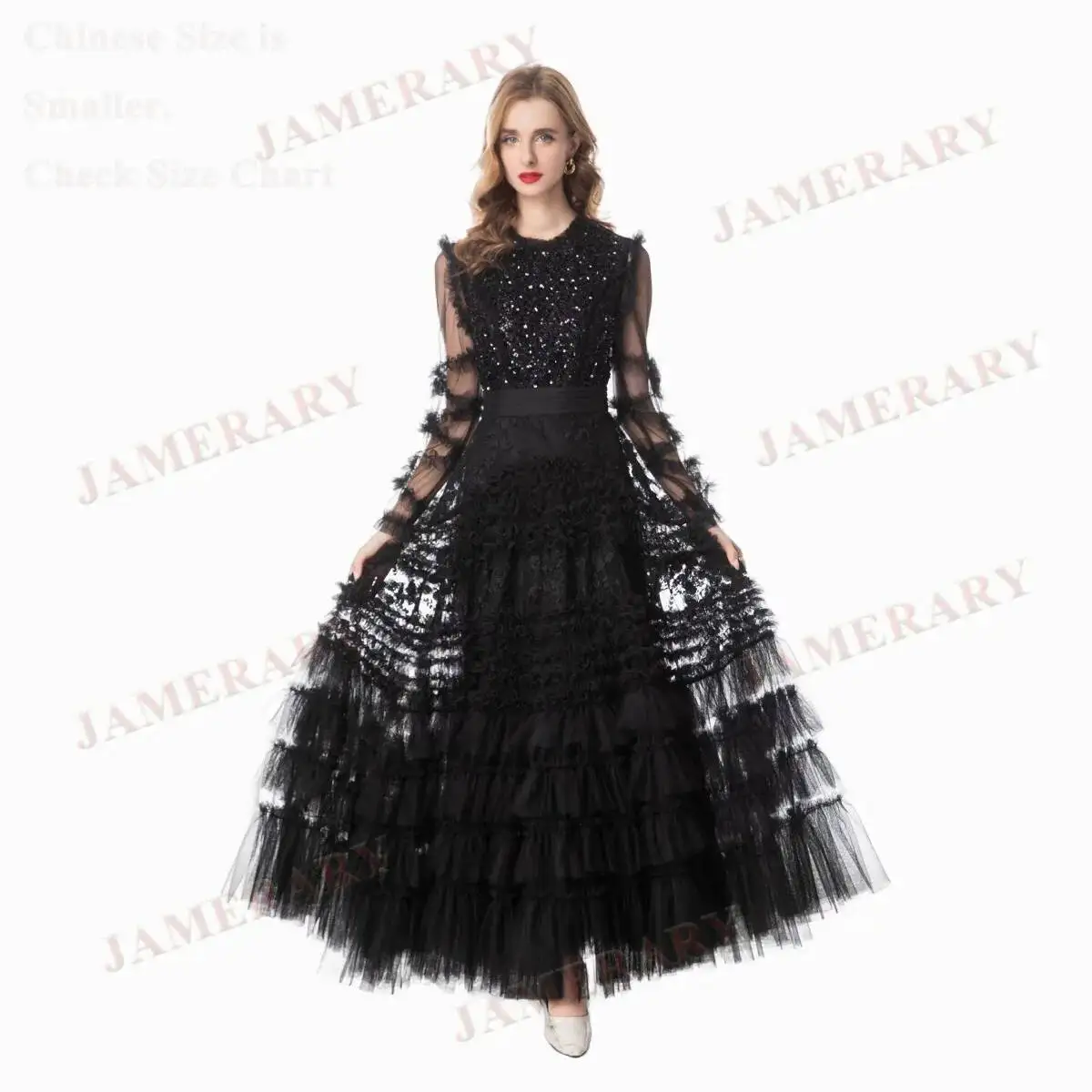 Verão outono luxo formal noite vestidos longos feminino manga preto ruflfe bolo lantejoulas vestido senhora baile de formatura festa marca vestidos