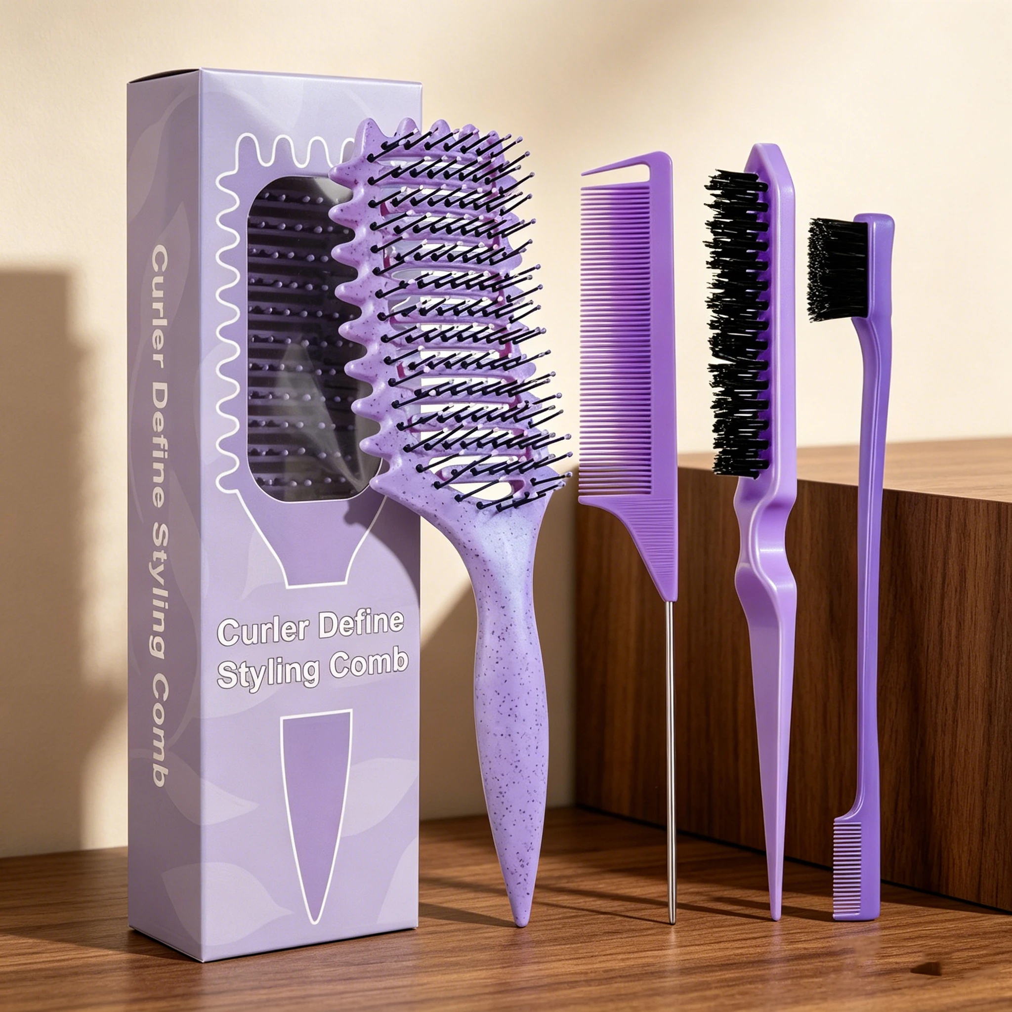 

4-piece comb set with hollow hair comb, steel pin-tail comb, nylon hair brush, and edge control comb, special for real hair wigs