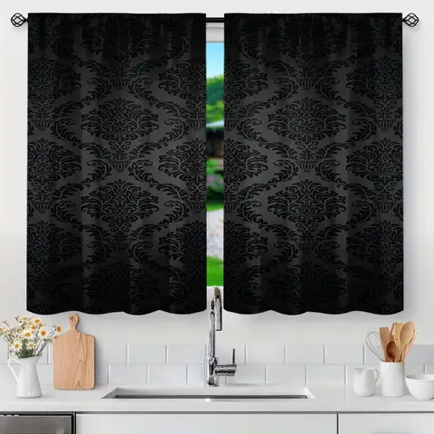 लिविंग रूम की सजावट के लिए लग्जरी ब्लैक डैमस्क विंडो कर्टेन, हैवी ड्यूटी रॉड पॉकेट पैनल ड्रेप्स पेयर सेट होम डेकोर (2 पैनल) 8 best sales काले पर्दे - №7