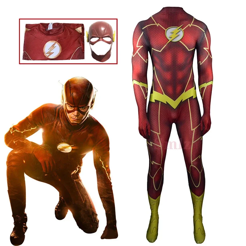 

Barry Allen Cosplay Jumpsuit mask Flash Costume Adult Bodysuit Uniform TV Series Tights and Mask Halloween Carnival Costumes