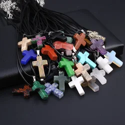 Charm Natural Semiprecious Stone Cross Shape Crystal Tiger Eye Agate Pendant Necklace Exquisite Jewelry Gift for Women 25x18mm