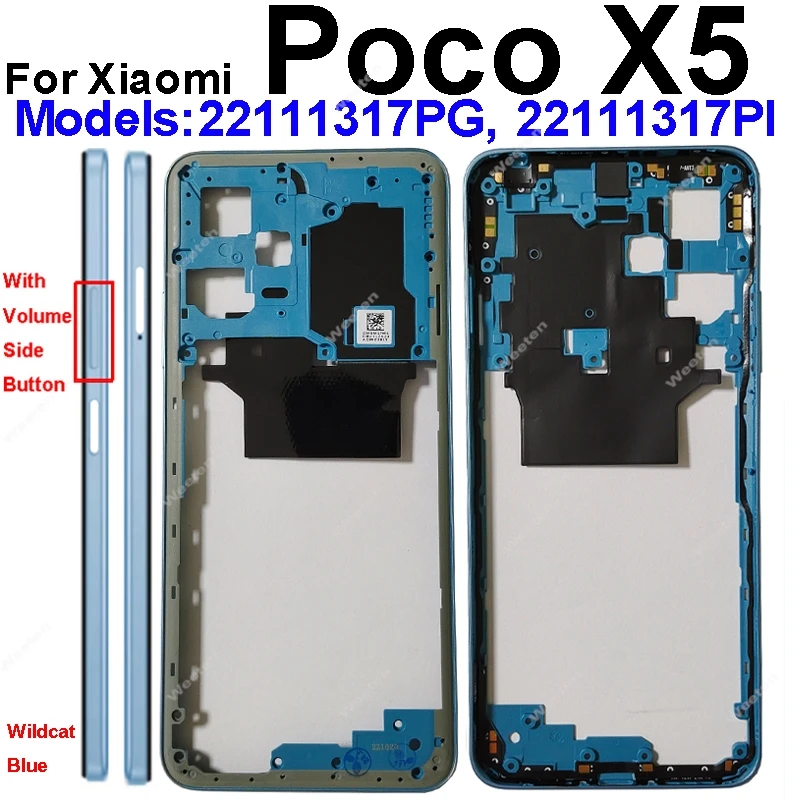 Middle Frame For Xiaomi Poco X5 Poco X5 Pro With NFC Back Cover Housing Front Frame Chassis with Volume Buttons Repair Parts