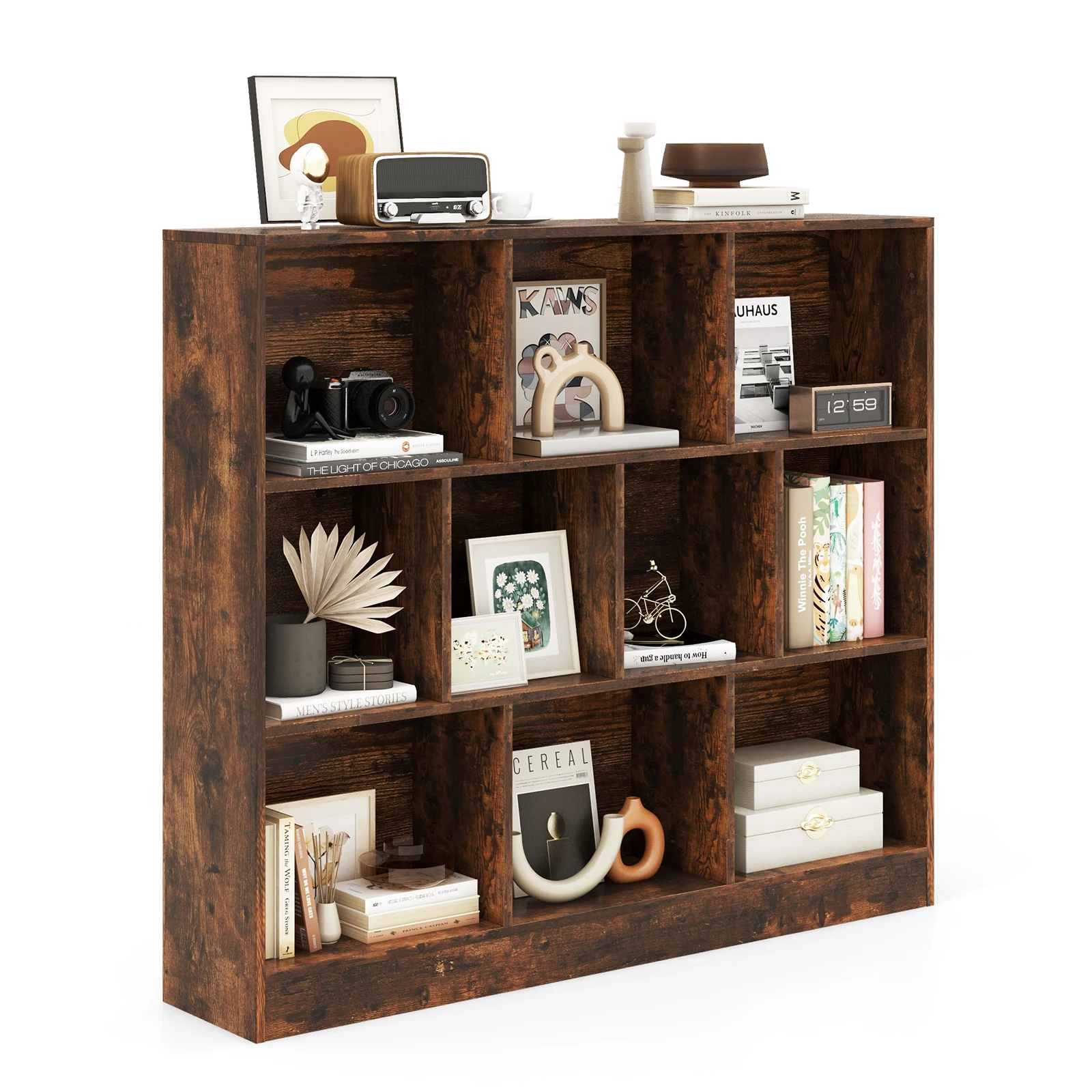 GOFLAME 10-Cube Bookcase, 3 -Tier Wood Bookshelf Cube Storage Organizer w/2 Anti-Tipping Kits