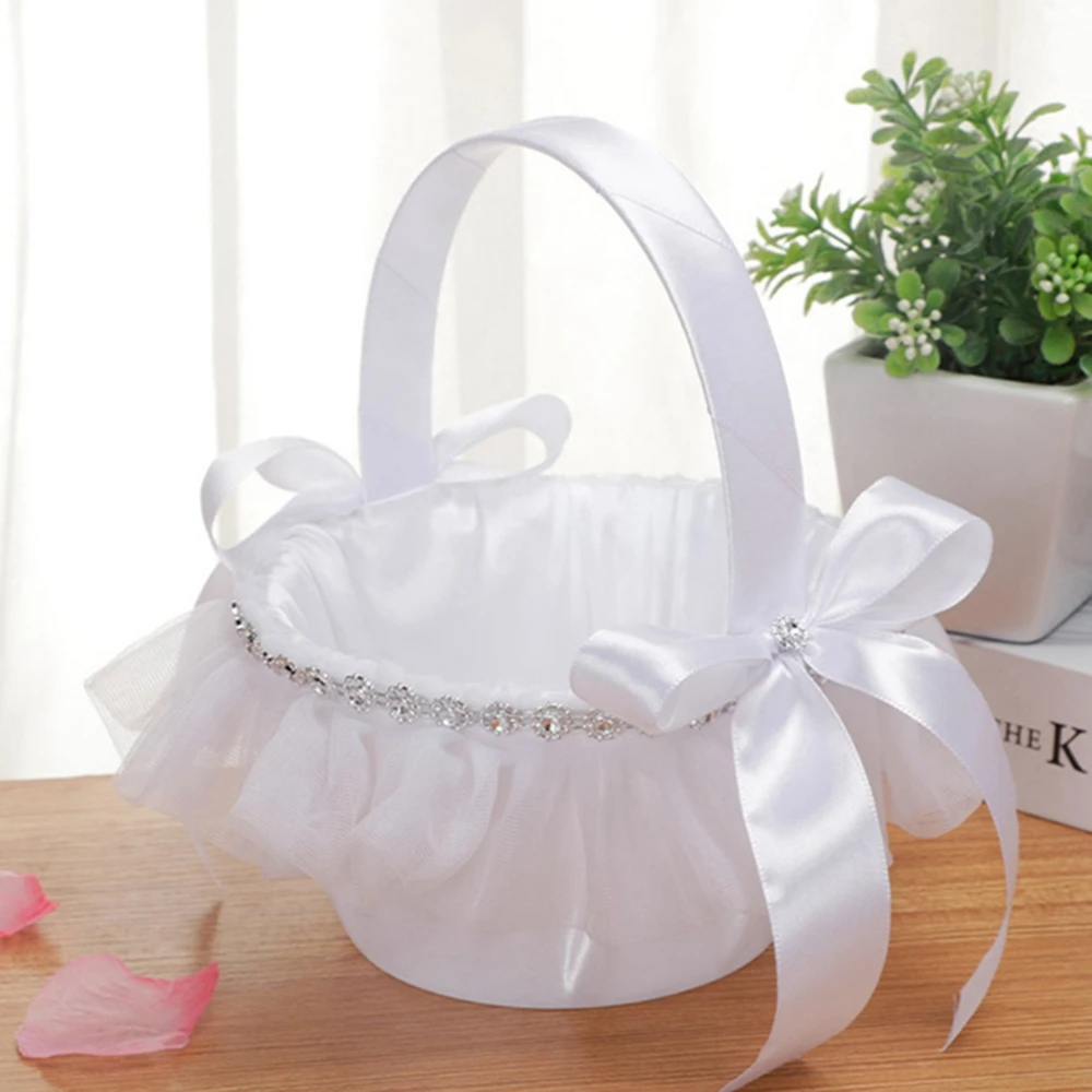 Wedding Baskets White Flower Girl Basket Bow-knot Lace with Rhinestone Decor Wedding Flower Basket Wedding Party Decorations