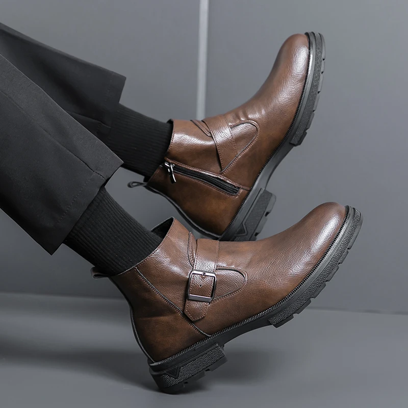 Zapatos casuales de cuero para hombres Otoño e Invierno estilo superior alto Fiesta de moda al aire libre Botas de negocios y de oficina diarias Negro Nuevo Caliente