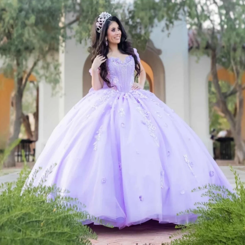 

Light Lavender Shiny Quinceanera Dresses Off The Shoulder Applique Flower Beads Bow Tull Corset Party Birthday Sweet 16 Dress
