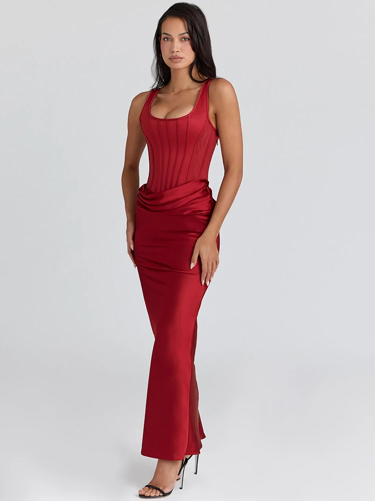 فستان ماكسي نسائي مثير بدون أكمام من الساتان المرقعة من JULISSA MO فستان شتوي ضيق أنيق للحفلات المسائية #2