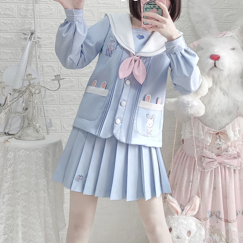 Japanese Style JK Uniform Sailor Collar Cartoon Blue White Color Matching Long Short Sleeve Pocket Top Skirt Embroidery Set Girl