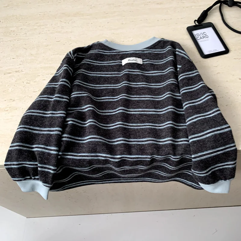 Children Clothes Retro Color-blocking Striped T-shirt Spring and Autumn Boys Hoodie Girls Loose Fashionable Trendy T-shirt