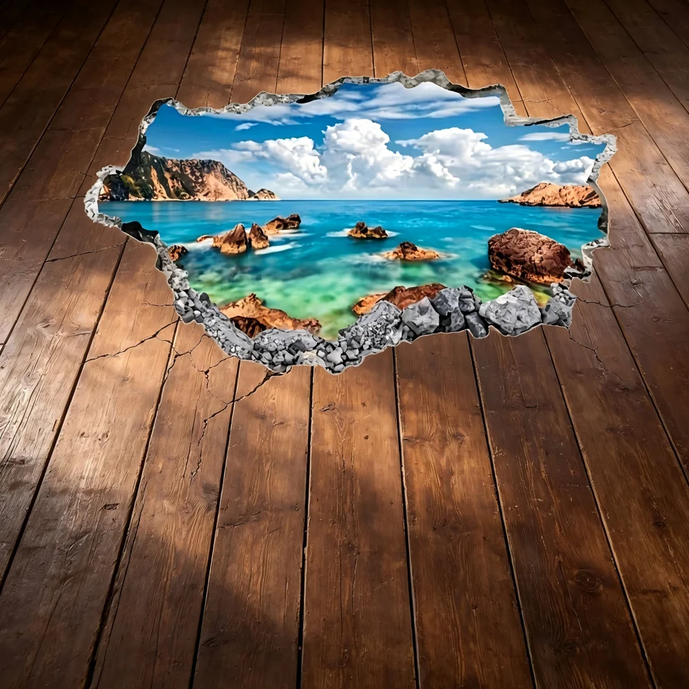 Sea view themed blue-green seawater floor stickers, suitable for bathrooms, foyer or leisure areas