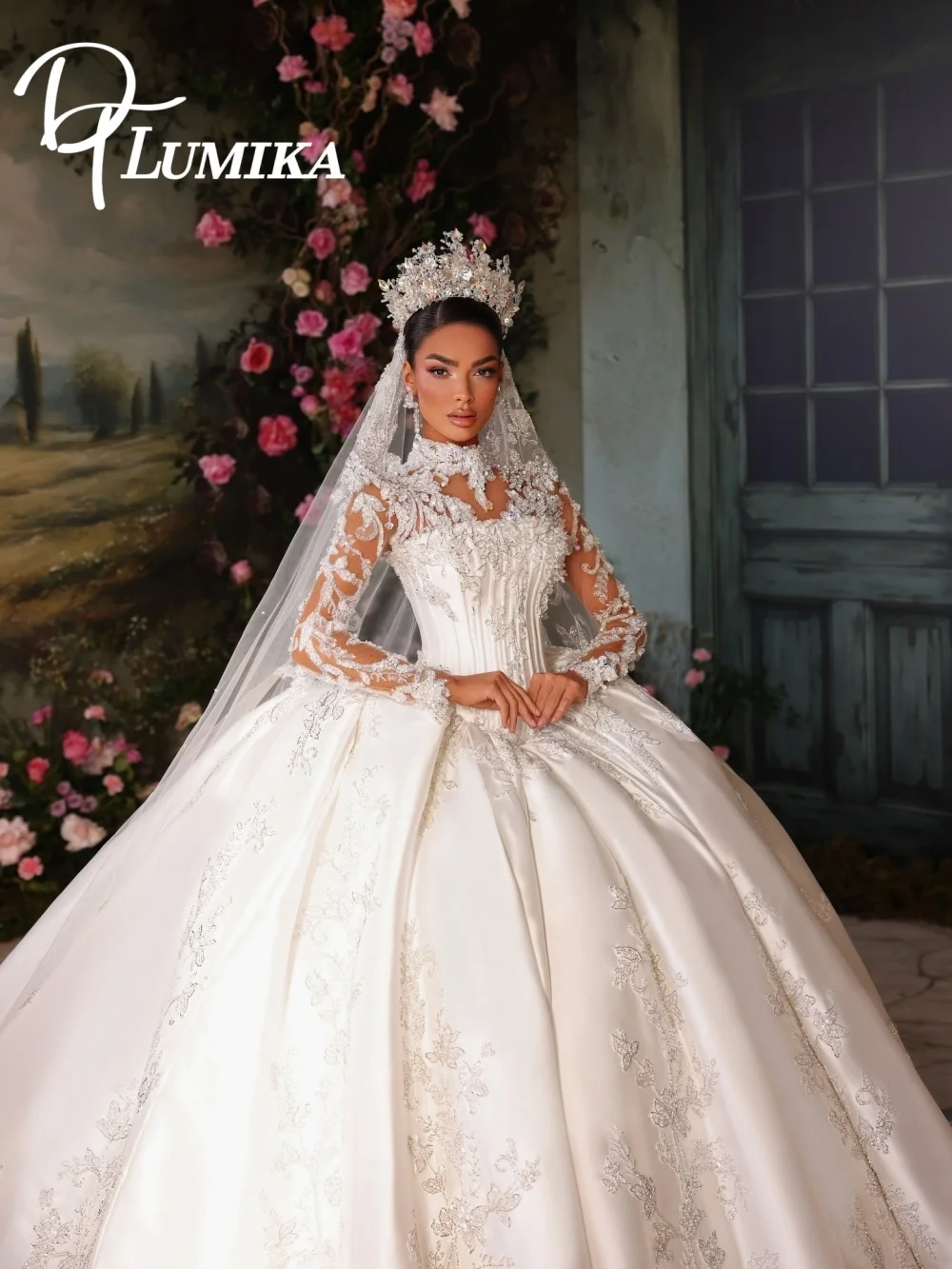 

High Fashion Statement Wedding Gown Ivory Satin High Neck Long Sleeve Lace Embellished Corset Bodice Ball Gown Vestidos De Novia