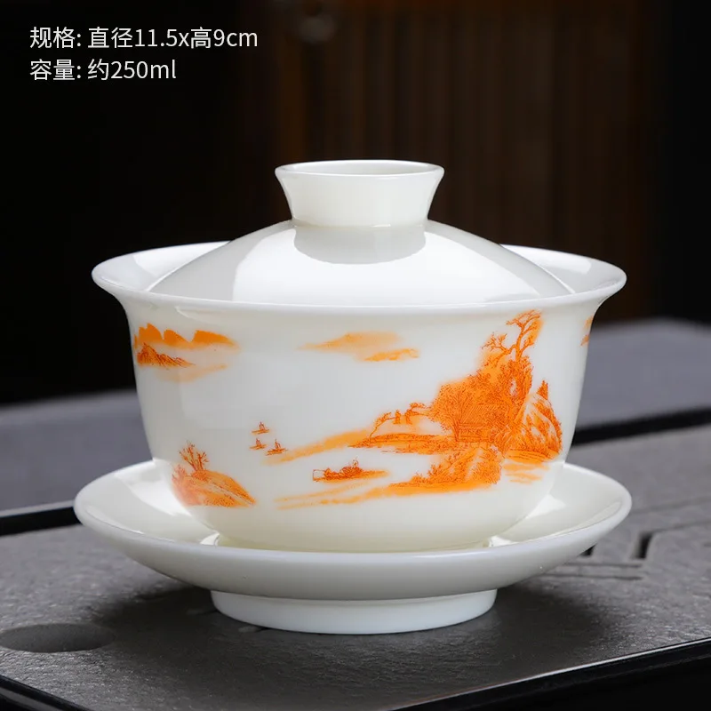 Yangzhi Jade Covered Bowl Non-Scalding Three-Talent Bowl Chinese White Ceramic Dehua Single Lid Cup Large Capacity250ml