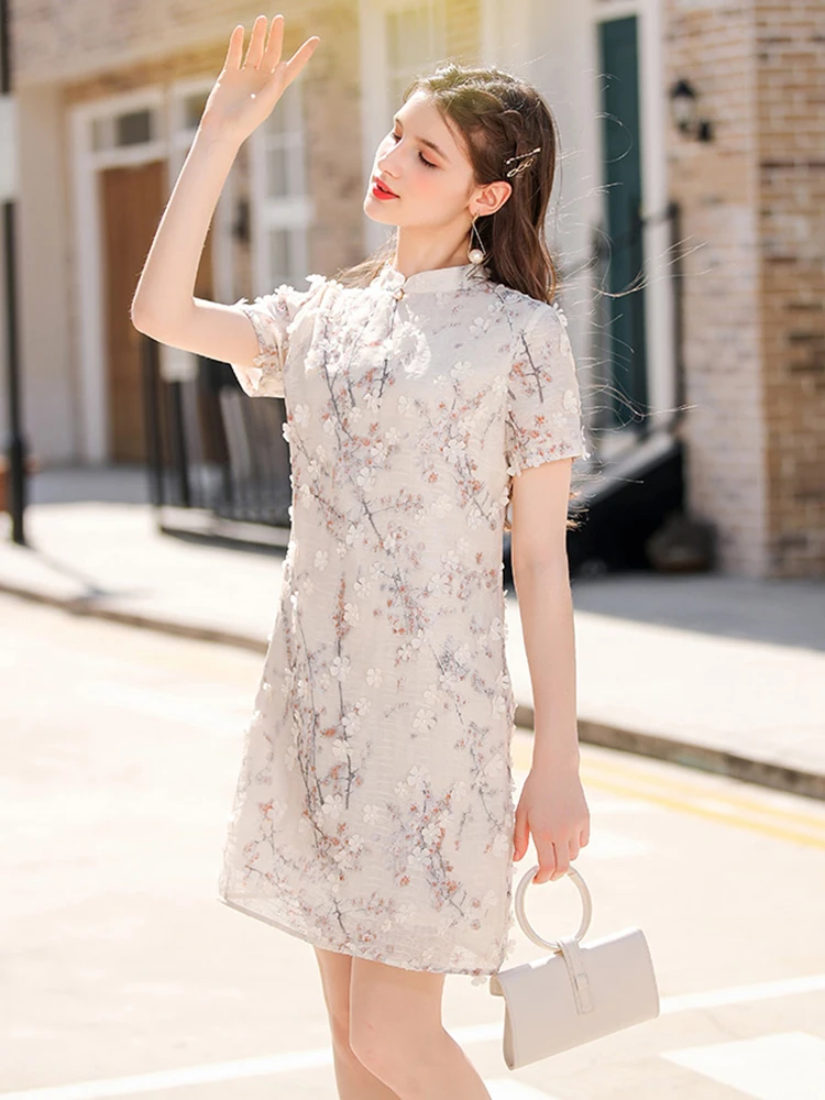 I BELIEVE YOU Summer Dresses Woman 2023 Chinese Style Stand Collar Three-dimensional Decoration Above Knee Cheongsam DLQ203122A