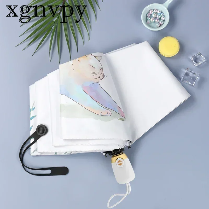 

xgnvpy Cartoon Cute Cat Theme Foldable Sun Rain Umbrella Female Outdoor Parasol Lightweight Portable