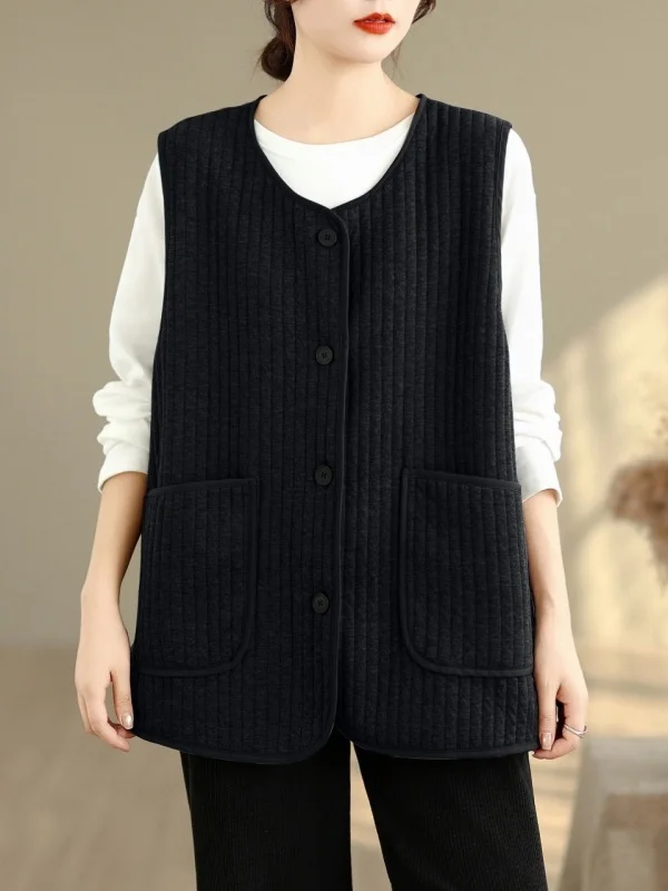 Retro Lightweight Vertical Stripe Cotton Vest round Neck Padded Quilted Texture Stitching Versatile Outerwear for Autumn Winter