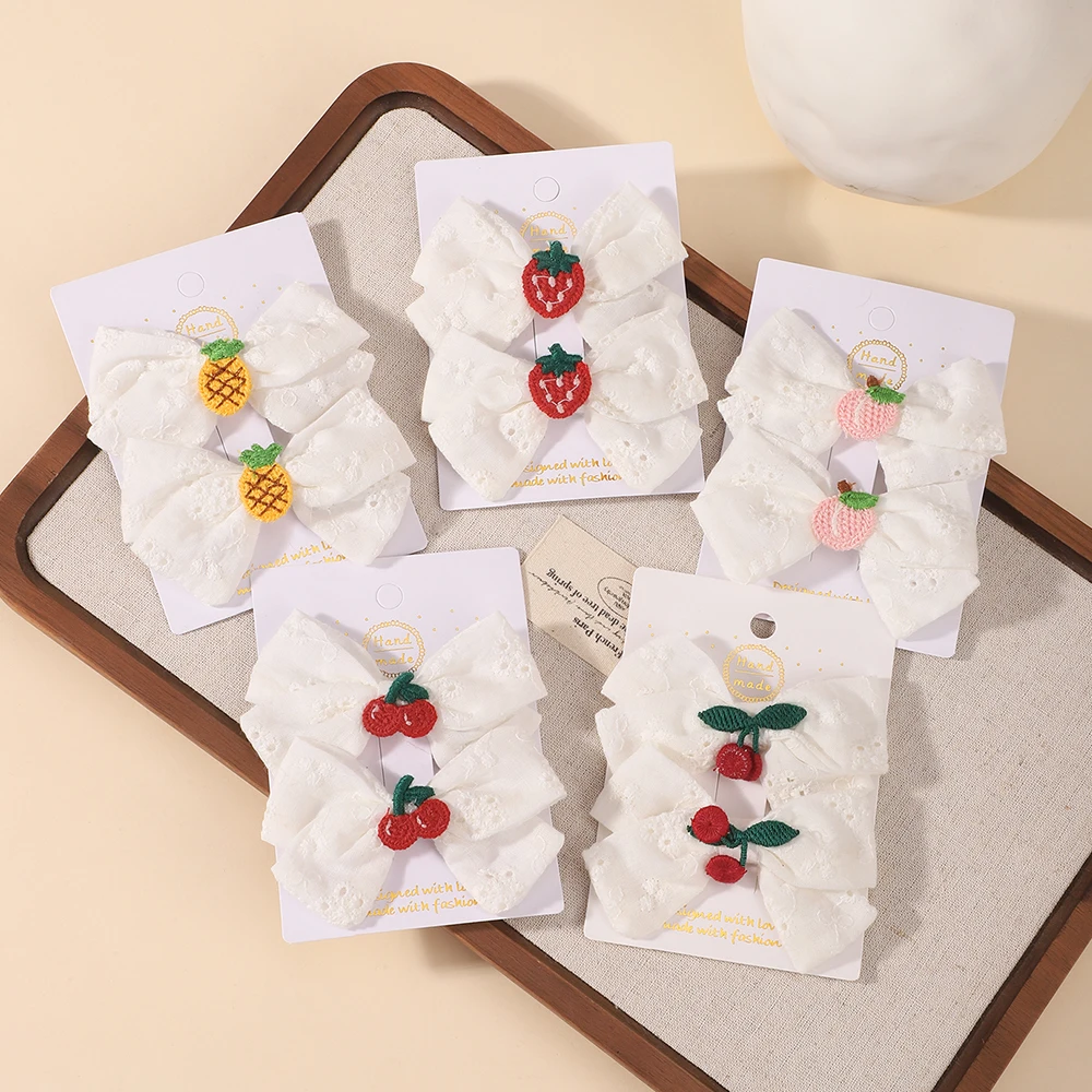 2Pcs Handmade Cherry Embroidery Bow Hair Clips Pair Hollow Cotton Duck Bill Barrettes for Girls