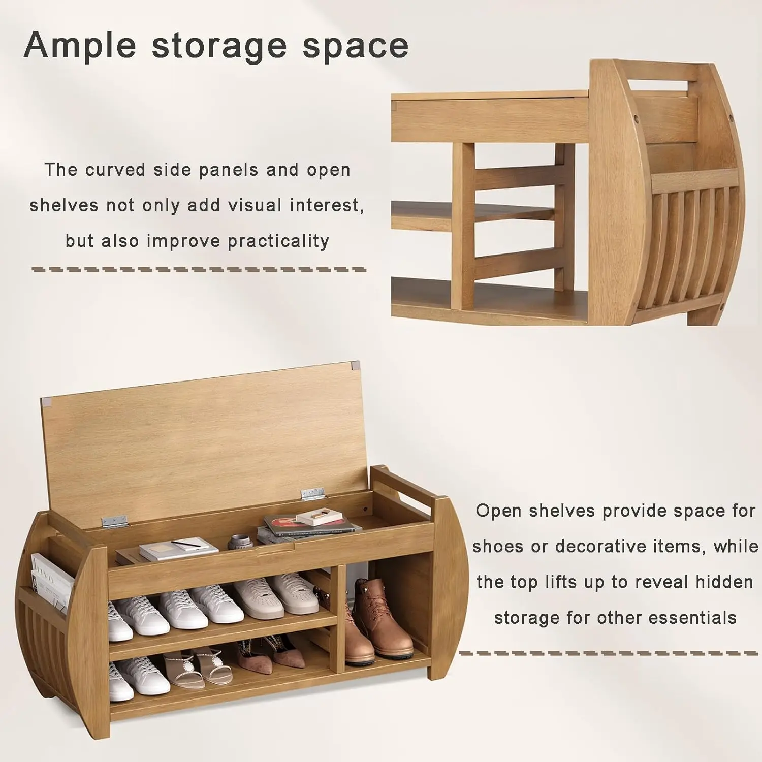 مقعد أحذية مع مساحة تخزين ووسادة، مقعد خزانة أحذية خشبي للمدخل مع مساحة تخزين مخفية، نهاية مقعد السرير للكن