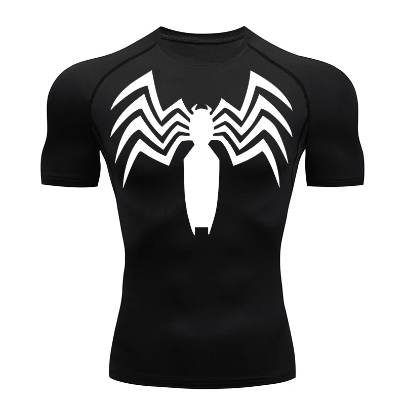 Spider Print Compression Shirts for Men Summer Short Sleeve Rash Guard Gym Workout Running Tshirt Athletic Quick Dry Tees Tops