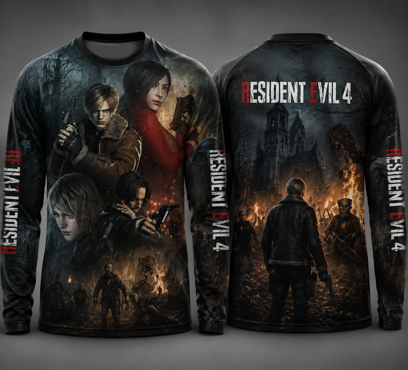 Y2K Resident Evil 4 Leon Cosplay Unisex 3D All Over Print Polyester Long Sleeve Tee, Front & Back Game Graphic for Fans