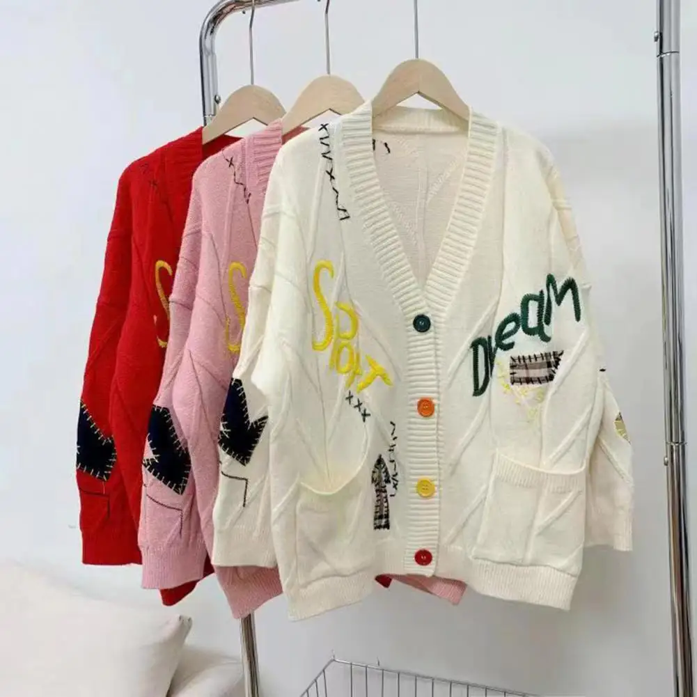 Fashion Knitted Coat Long Sleeves Breathable Autumn Winter Embroidery Letter Pattern Buttons Placket Sweater Cardigan