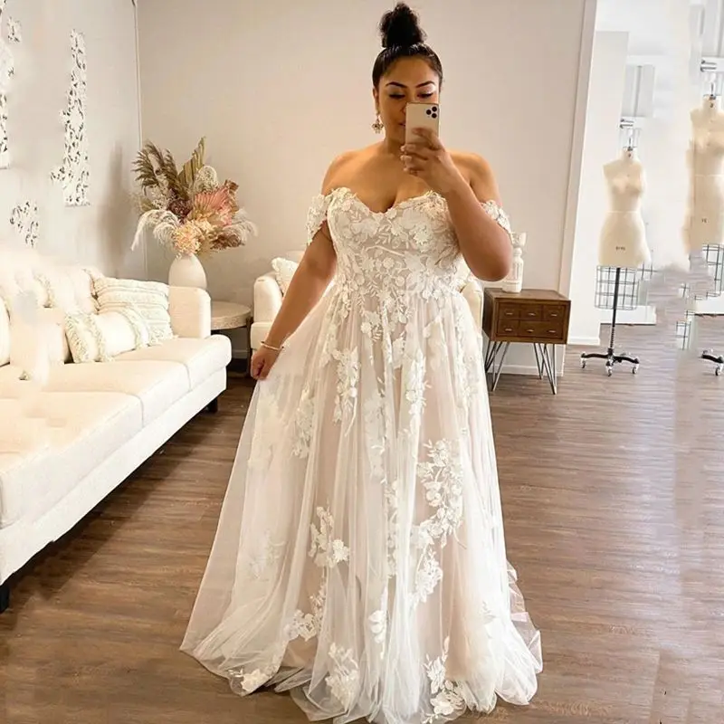 

Elegant Modern A-Line Wedding Dress Off Shoulder Tulle Appliques Prom Evening Dress Plus size Wedding Dress 2025 Free Customized