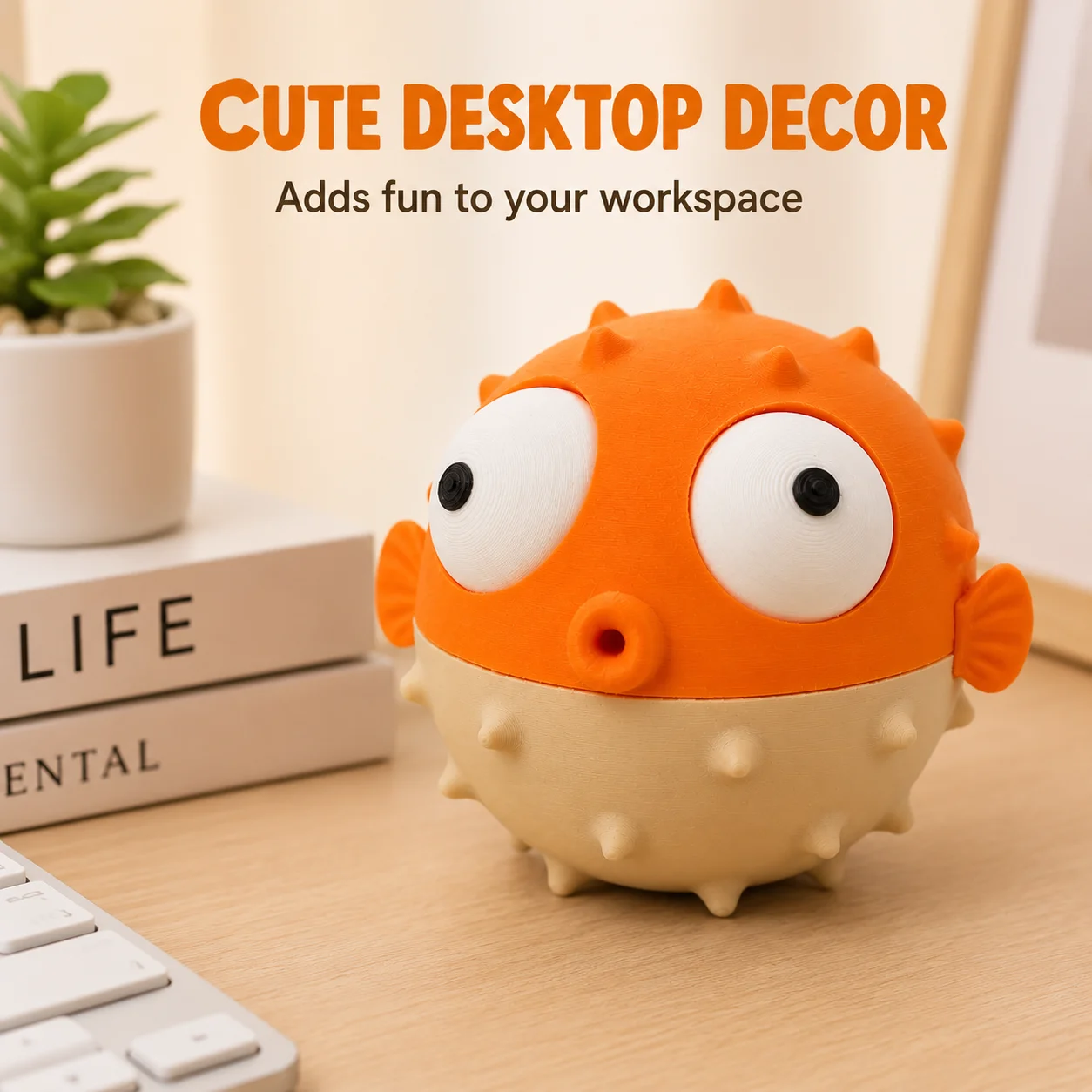 Cute Pufferfish Toy with Movable Eyes, 3D Printed Goofy Desktop Decor, Funny Round Fish Figurine Gift