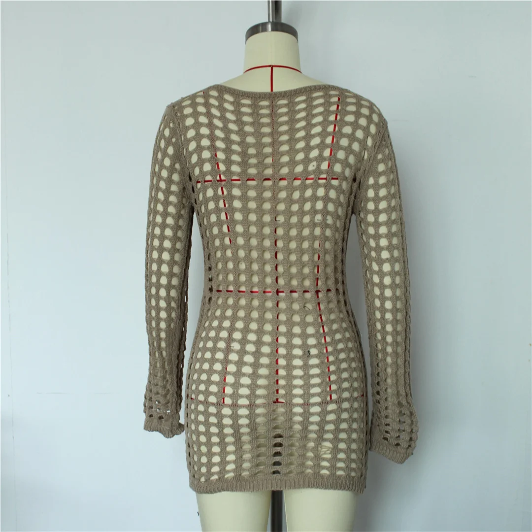 Langarm-Tunika mit Aushöhlungen, einfarbig, gehäkelt, gestrickt, Strandkleid, Strandmode, Damen V8510 – Detail 13