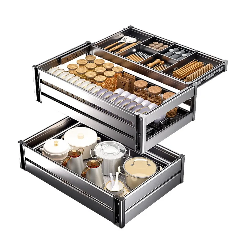 Kitchen  Cabinet Dish Basket Double DrawerDish Cupboard Space Aluminum Kitchen Cabinet  Rack Seasoning Storage